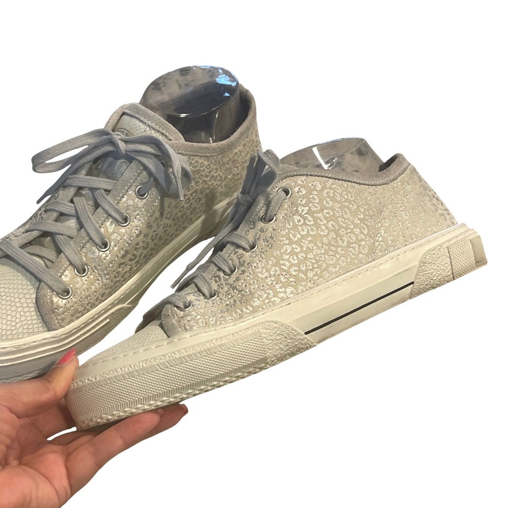 P448 Low Top Sneakers Womens 40 Silver Metallic Leopard Snake Print Italian Luxe